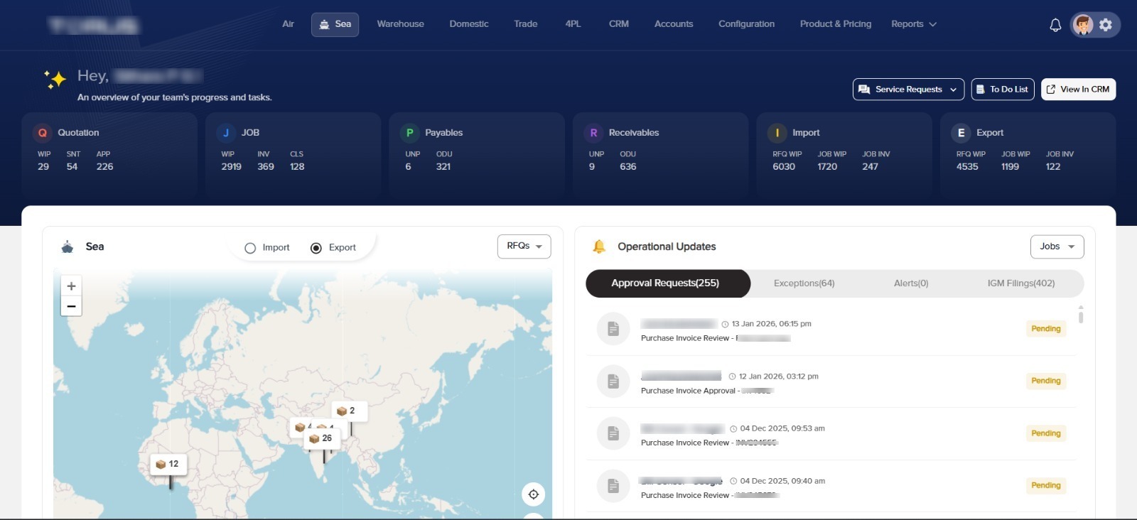 Comprehensive dashboard for tracking sea freight and logistics operations